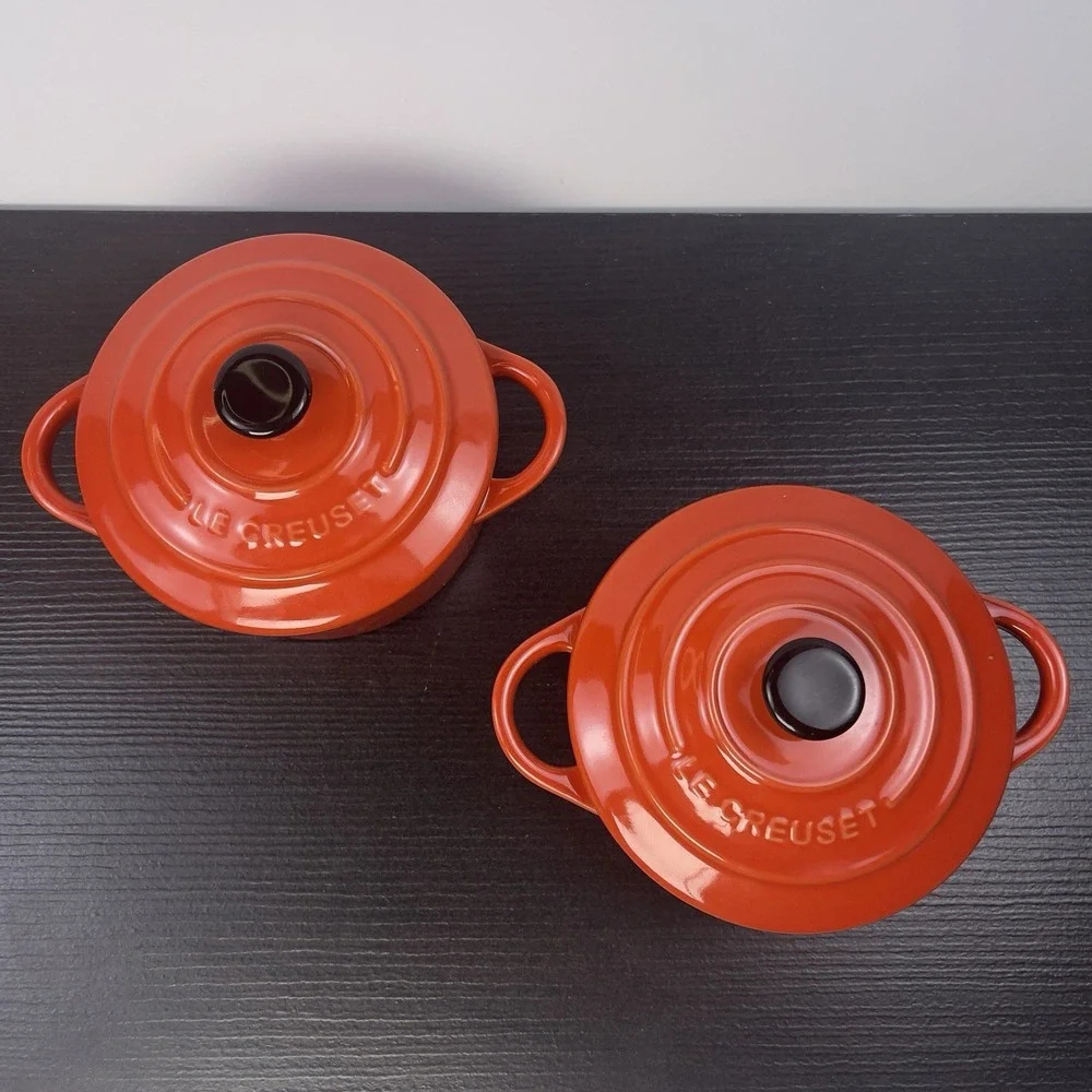 Le Creuset 2X Mini Round Cocotte 8 oz Cerise Stoneware Set of 2 w/Lids New Red